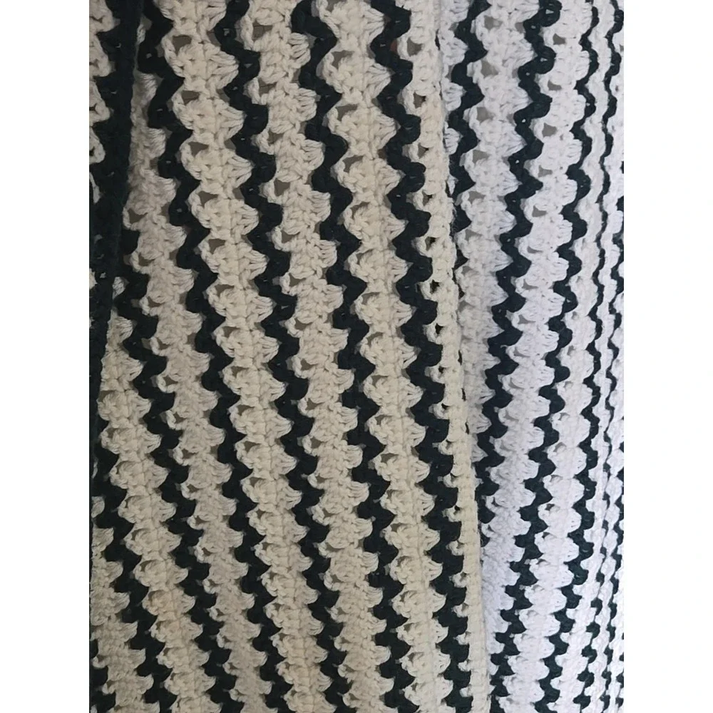 Vtg Handmade Crochet Throw Blanket Granny Zig Zag Chevron Green White Afghan